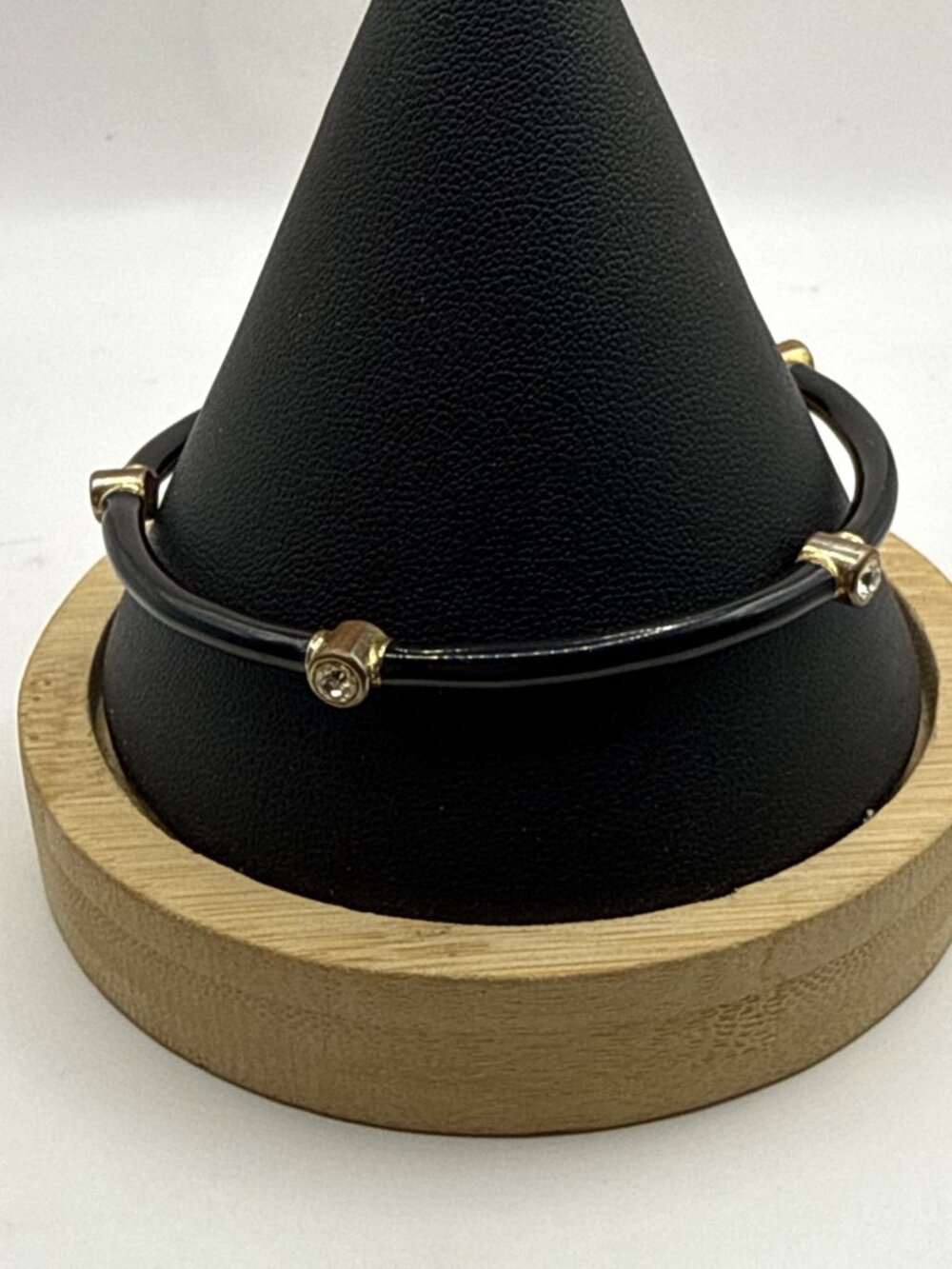 Vintage Black Enamel Gold Station Bangle Bezel Crystal Stackable Bracelet
